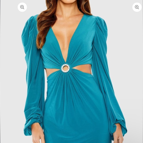 NWT |Mac Duggal 26727 Ocean Blue Jersey Puff Sleeve Cut Out Gown Size 12 - Picture 2 of 12